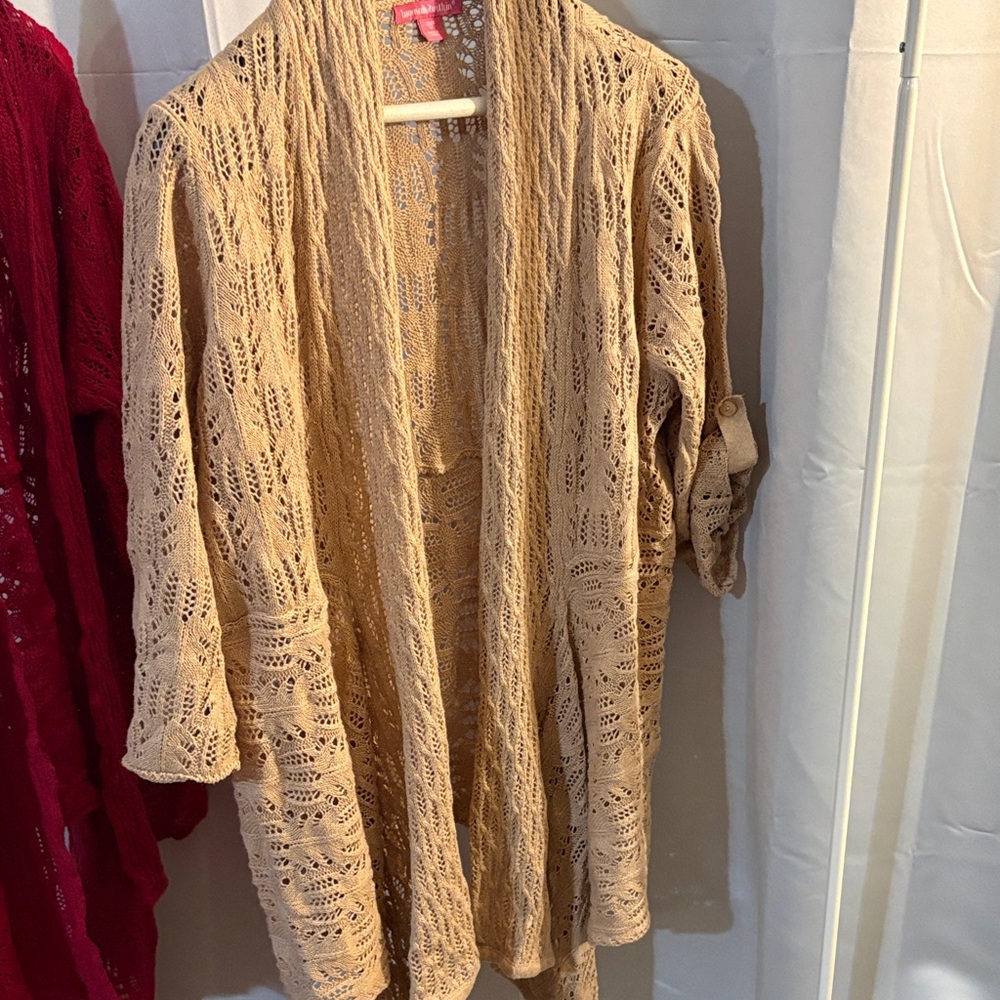 Woman Within Tan Open-Front Sweater